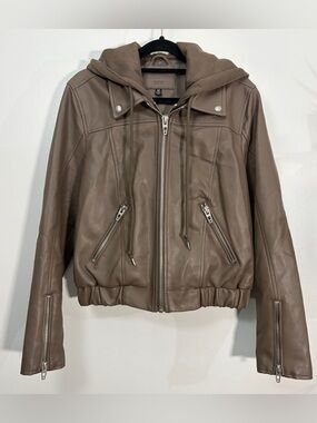 Blank NYC Women's Taupe Brown Hooded Faux Leather Jacket
